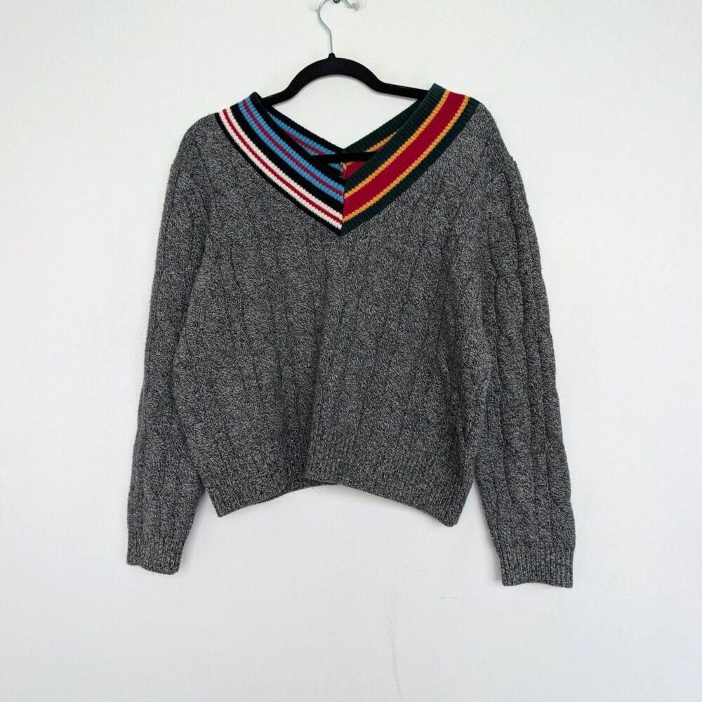 Preppy Wool Cashmere Blend Colorblock Cable Knit V Neck Sweater Sz 4 Academia